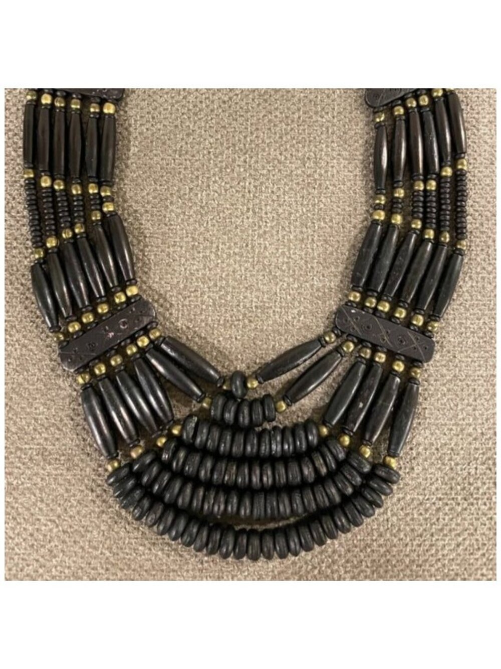 WOOD & BRASS BEAD Vintage Bib Choker Multi Strand Necklace
